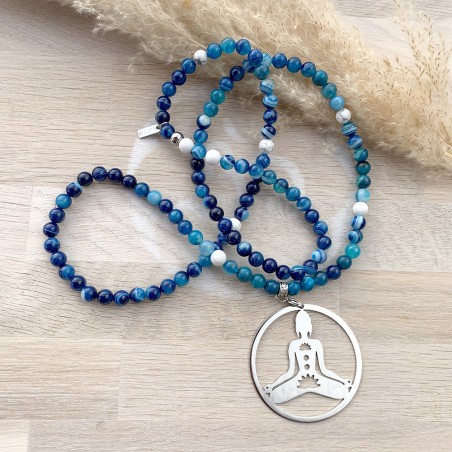 Sautoir perles bleues avec médaillon en forme de bouddha assis